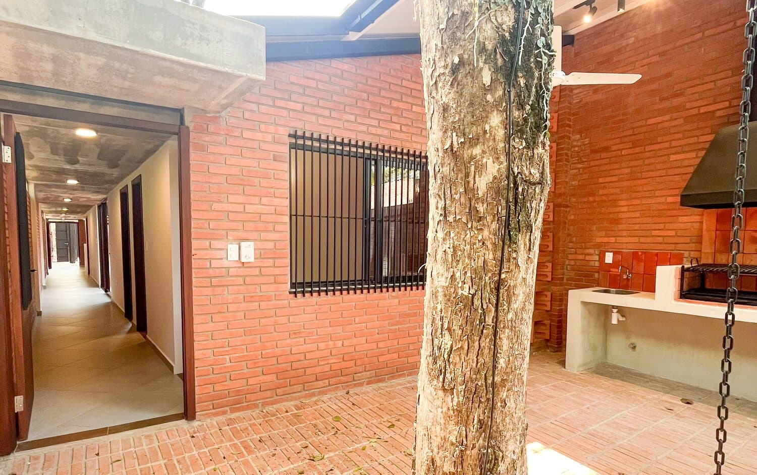 El patio de ladrillo con el árbol que quedó en pie y el pasillo de la casa al fondo